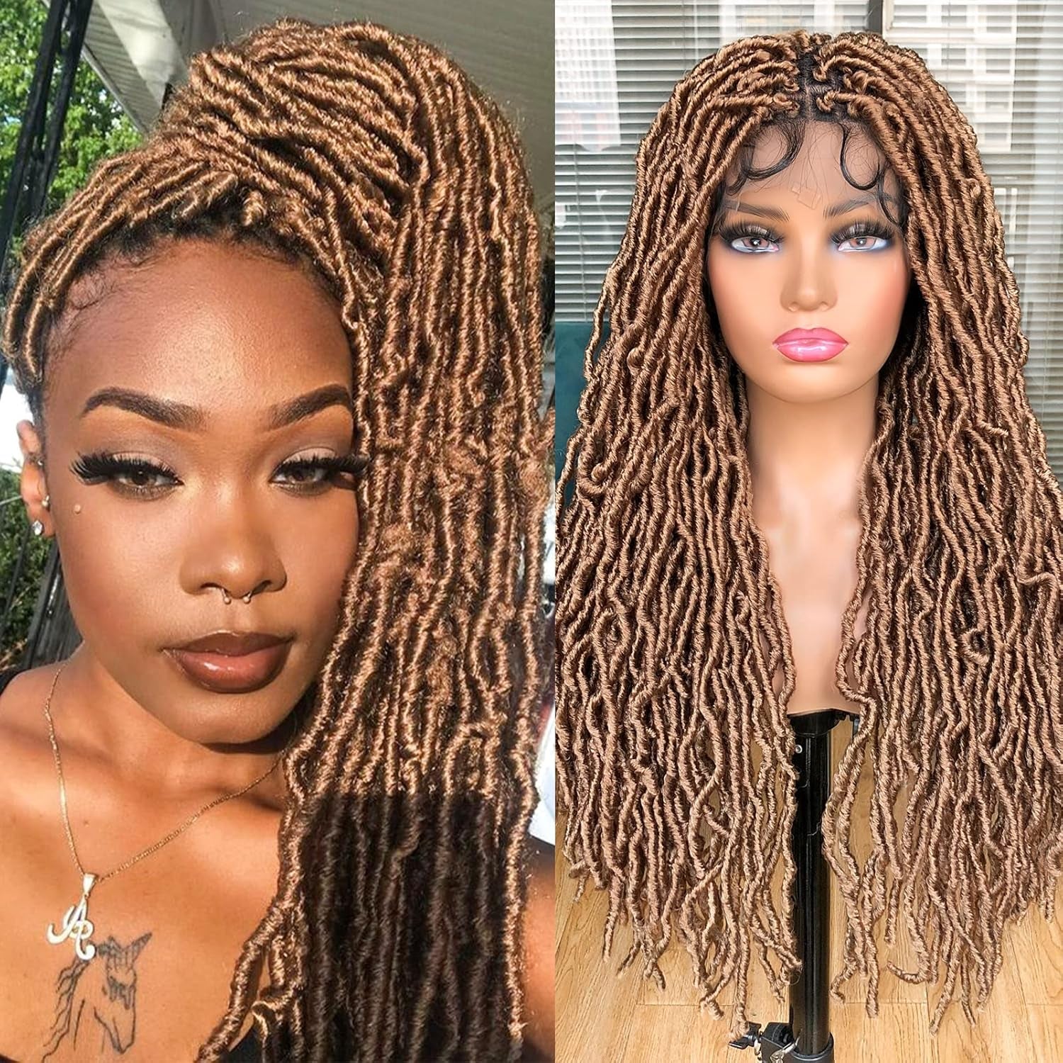 Annivia 32Inch Full Double Lace Box Braided Wigs for Black Women Faux Locs Square Knotless Wigs with Baby Hair Long Dreadlock Wig Natural Black Hand-Braided Synthetic Twist Lace Locs Wig Blonde