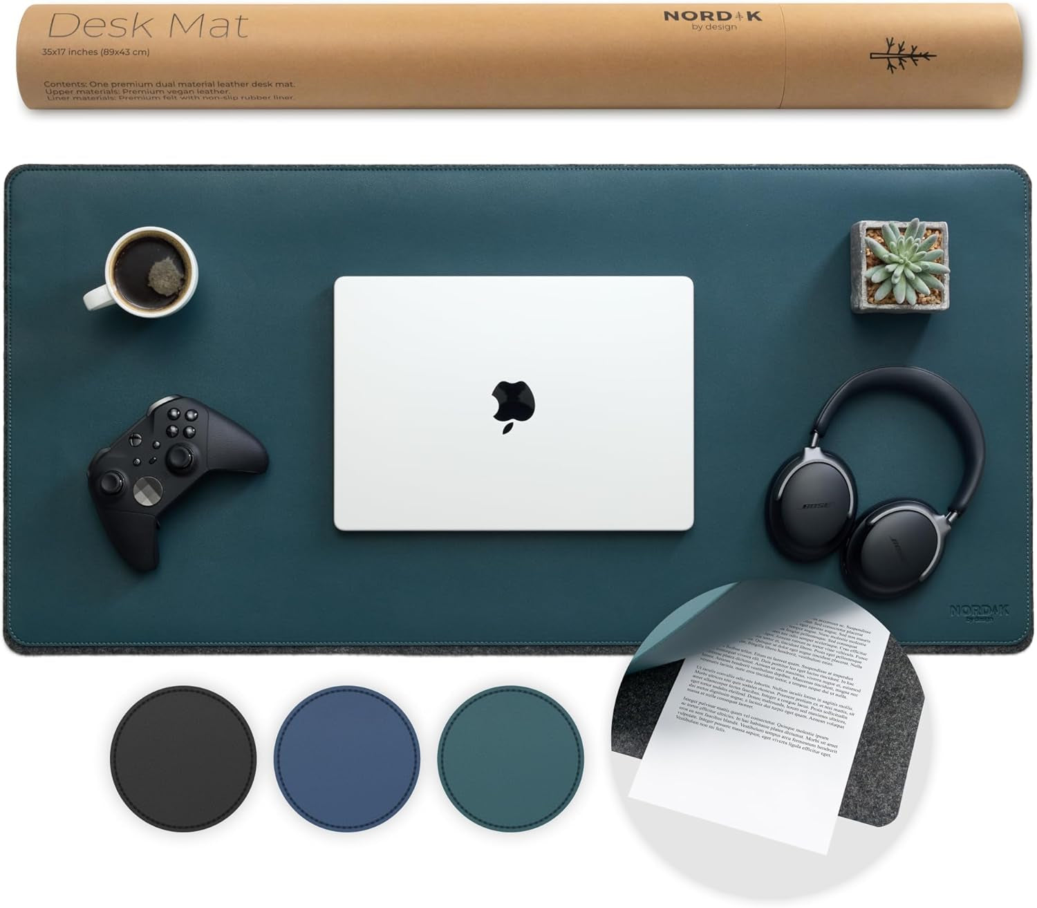 Nordik Leather Desk Mat - Whiskey Brown - Cable Organizer - Premium Mouse Mat & Desk Pad Protector - 35 X 17 Inch - Felt Vegan Leather - Large Office Mouse Pad & Blotter