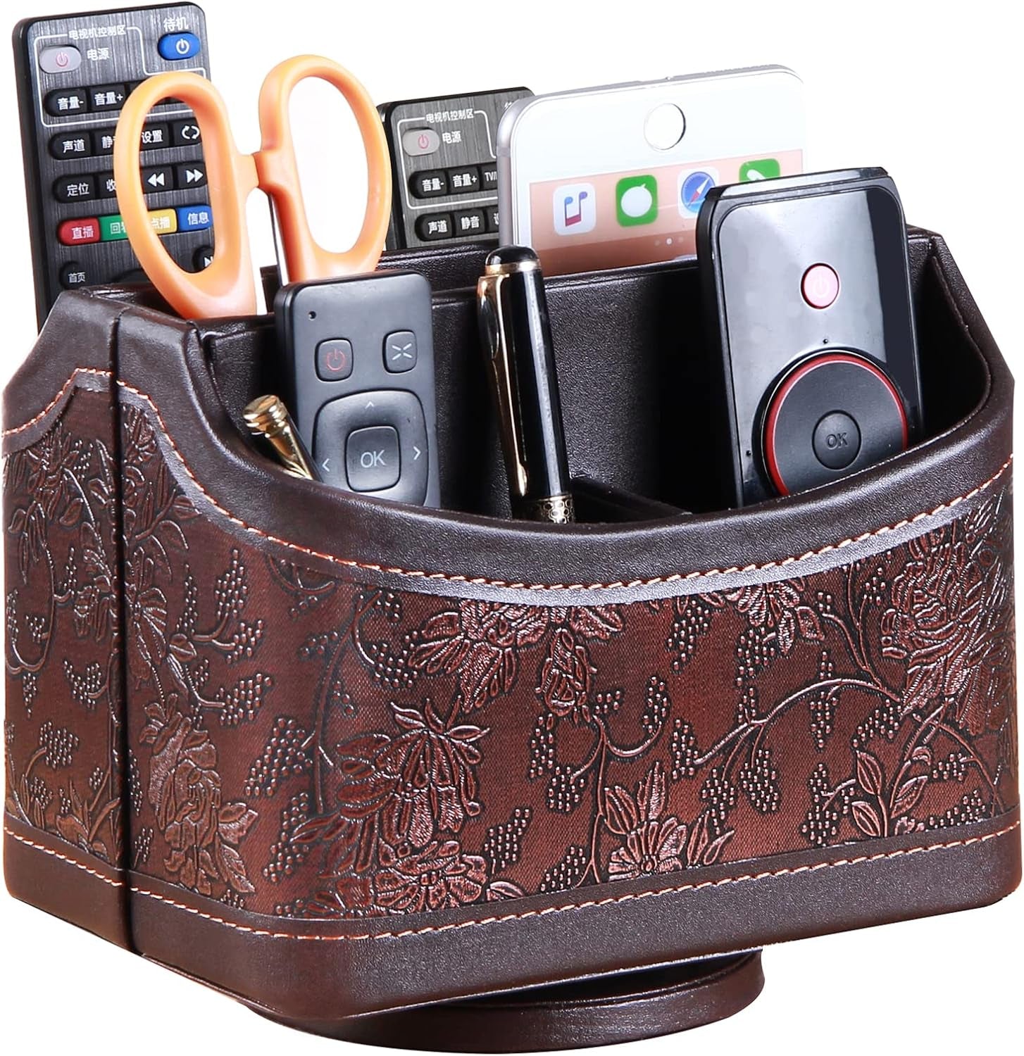 PUSU Leather 360°Rotatable Remote Control Holder,Nightstand TV Remote Caddy,Office Supplies Desktop Organizer,Spinning Storage Box for Pen,Mail,Phone,Dvd, Blu-Ray, Media Player, Heater Controllers