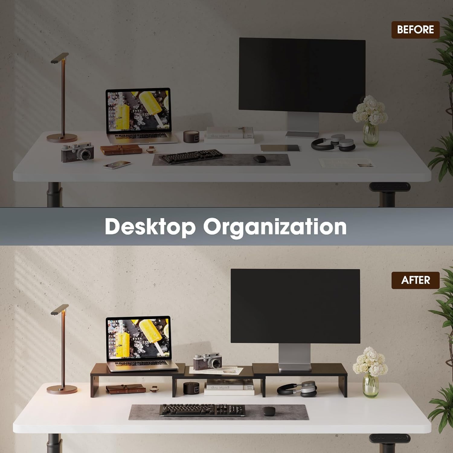 FITUEYES Dual Monitor Stand – 3 Shelf Computer Monitor Riser, Wood Desktop Stand with Adjustable Length and Angle, Desk Accessories, Office Supplies Medium Black,Dt108001Wb