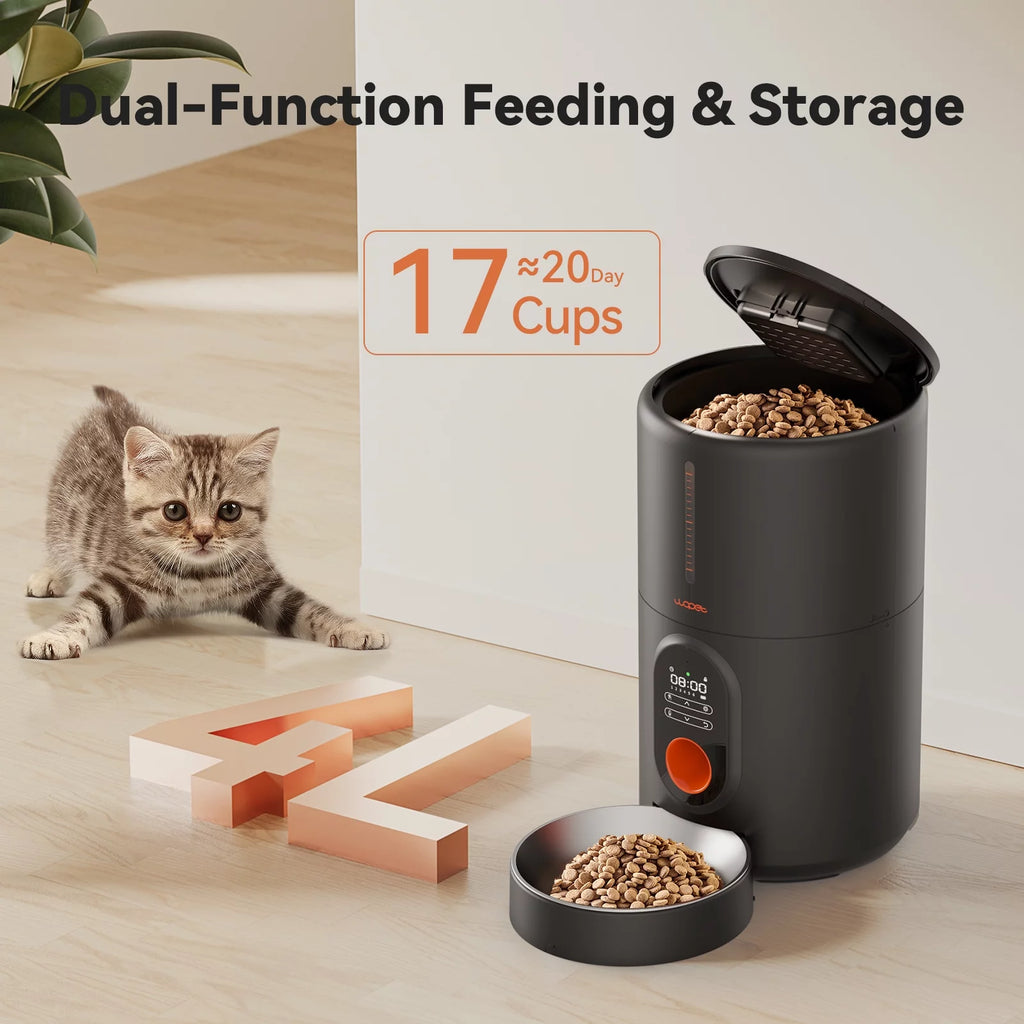 WOPET Automatic Dog Feeders, Pet Feeder, Cat Food Dispenser with Stainless Steel Bowl, 4L, Black