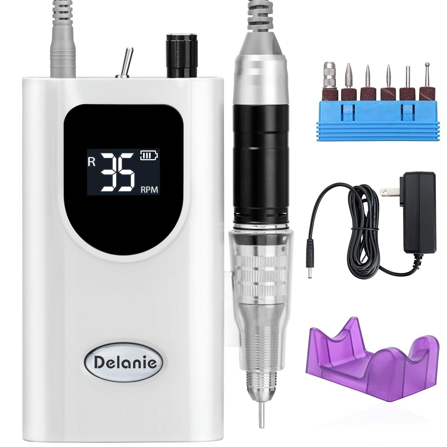 Delanie Professional Nail Drill High Torque 35000 RPM Rechargeable Portable Electric Nail File Filer for Acrylic Gel with Cuticle Bits, Salon Manicure Tool, Purple