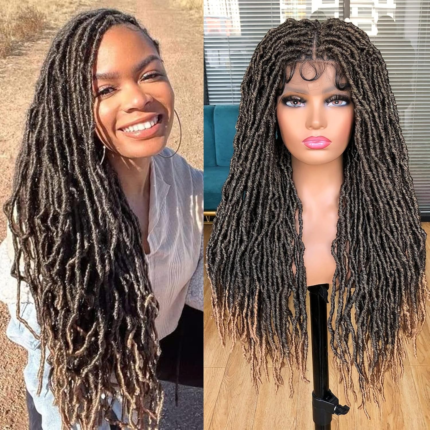 Annivia 32Inch Full Double Lace Box Braided Wigs for Black Women Faux Locs Square Knotless Wigs with Baby Hair Long Dreadlock Wig Natural Black Hand-Braided Synthetic Twist Lace Locs Wig Blonde