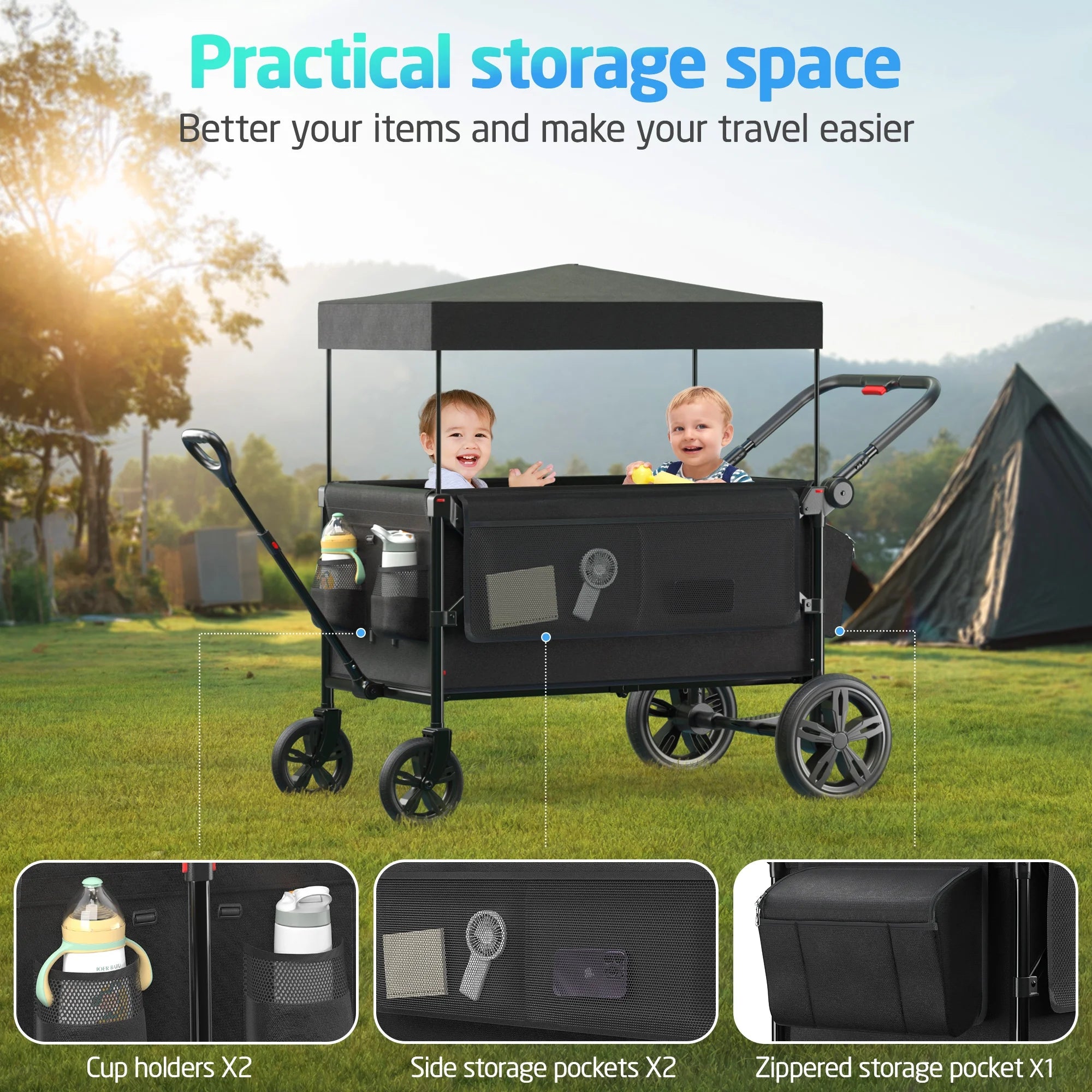 SACVON All-Terrain Stroller Wagon for Toddlers with Canopy, Parent Organizer, Adjustable Handlebar, 2 Cup Holders