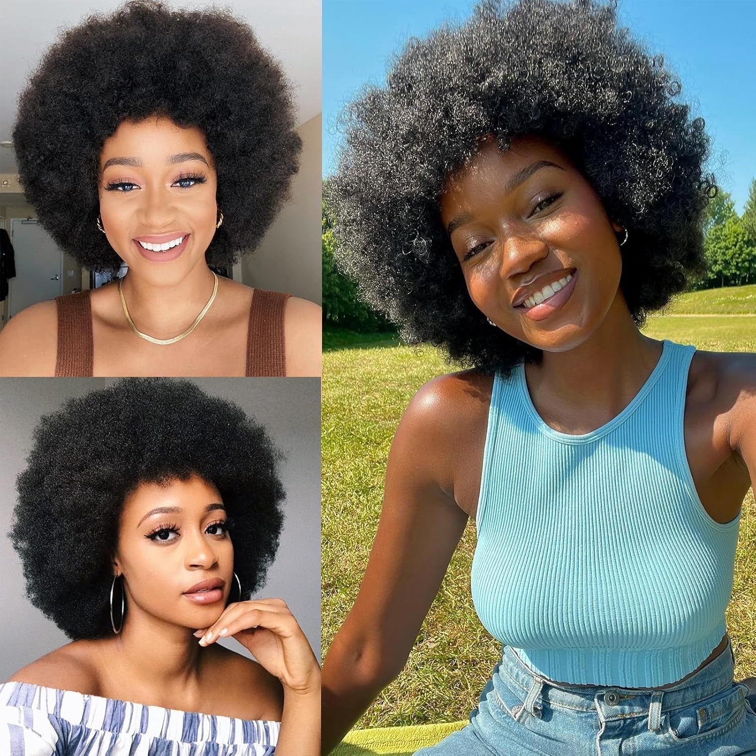 Afro Wig 70S Human Hair for Women(6 Inch) Gluless Short Afro Kinky Curly Wigs with Bangs for Black Women,200 Density Big Afro Puff Wig for Daily Use
