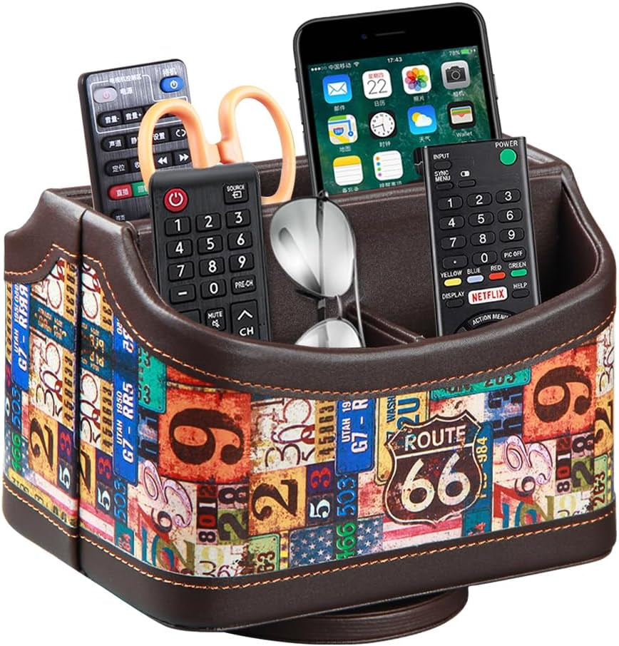 PUSU Leather 360°Rotatable Remote Control Holder,Nightstand TV Remote Caddy,Office Supplies Desktop Organizer,Spinning Storage Box for Pen,Mail,Phone,Dvd, Blu-Ray, Media Player, Heater Controllers