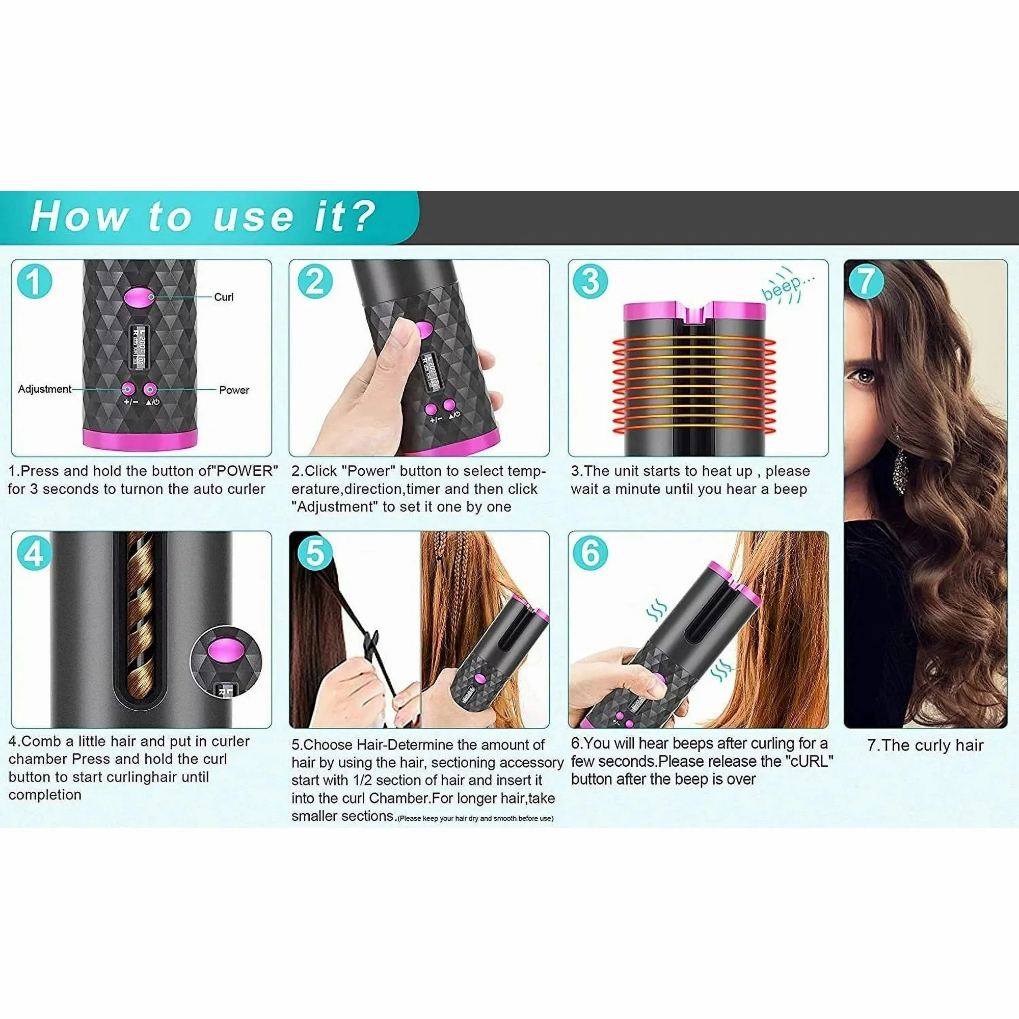 Portable Automatic Hair Curler, Ceramic Rotating Wireless Auto Curling Iron Wand, Emlimny Portable USB Rechargeable Spin Curler for Hair Styling (Black)