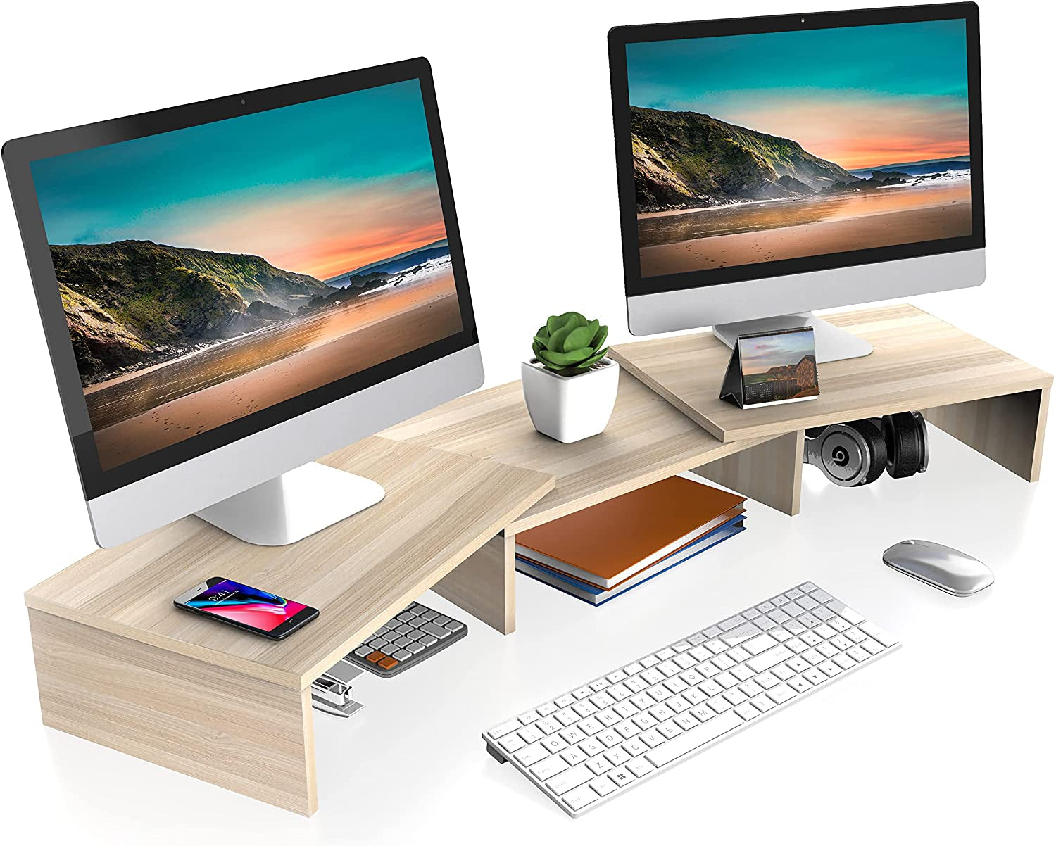 FITUEYES Dual Monitor Stand – 3 Shelf Computer Monitor Riser, Wood Desktop Stand with Adjustable Length and Angle, Desk Accessories, Office Supplies Medium Black,Dt108001Wb