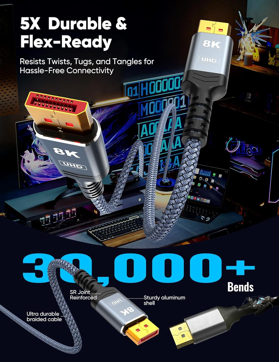 Capshi 8K Displayport Cable 1.4, VESA Certified 6.6FT DP Cord (8K@60Hz, 4K@144Hz, 2K@240Hz), 32.4Gbps Display Port Cable for Gaming Monitor, Graphic, PC, HDR/HDCP 2.2/Freesync/G-Sync, Braided, Grey