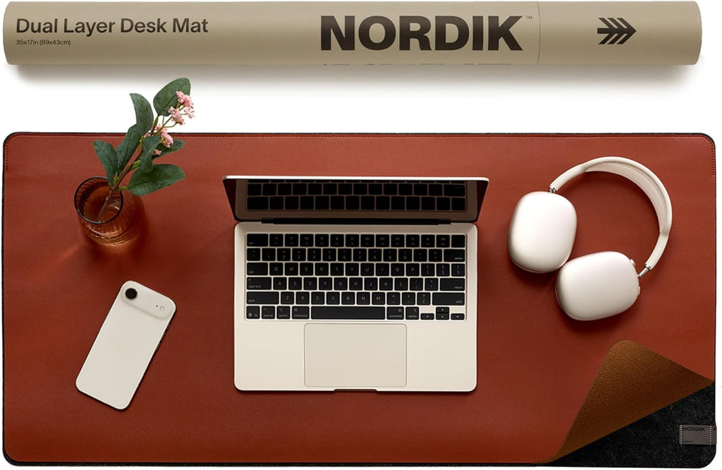 Nordik Leather Desk Mat - Whiskey Brown - Cable Organizer - Premium Mouse Mat & Desk Pad Protector - 35 X 17 Inch - Felt Vegan Leather - Large Office Mouse Pad & Blotter