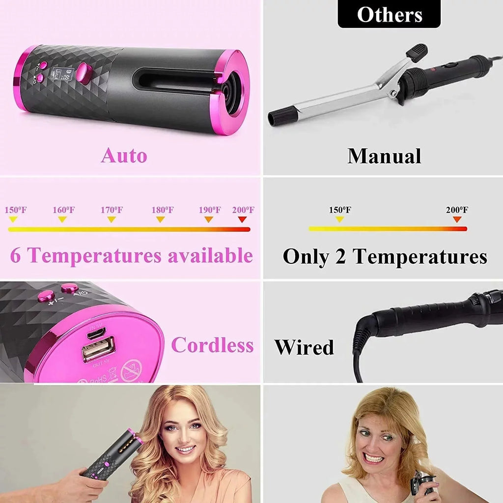 Portable Automatic Hair Curler, Ceramic Rotating Wireless Auto Curling Iron Wand, Emlimny Portable USB Rechargeable Spin Curler for Hair Styling (Black)