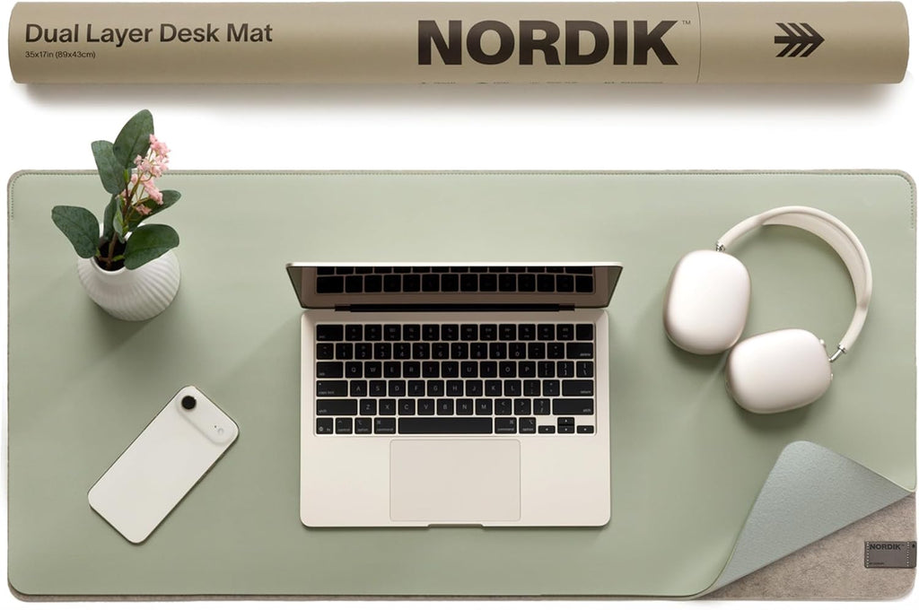 Nordik Leather Desk Mat - Whiskey Brown - Cable Organizer - Premium Mouse Mat & Desk Pad Protector - 35 X 17 Inch - Felt Vegan Leather - Large Office Mouse Pad & Blotter