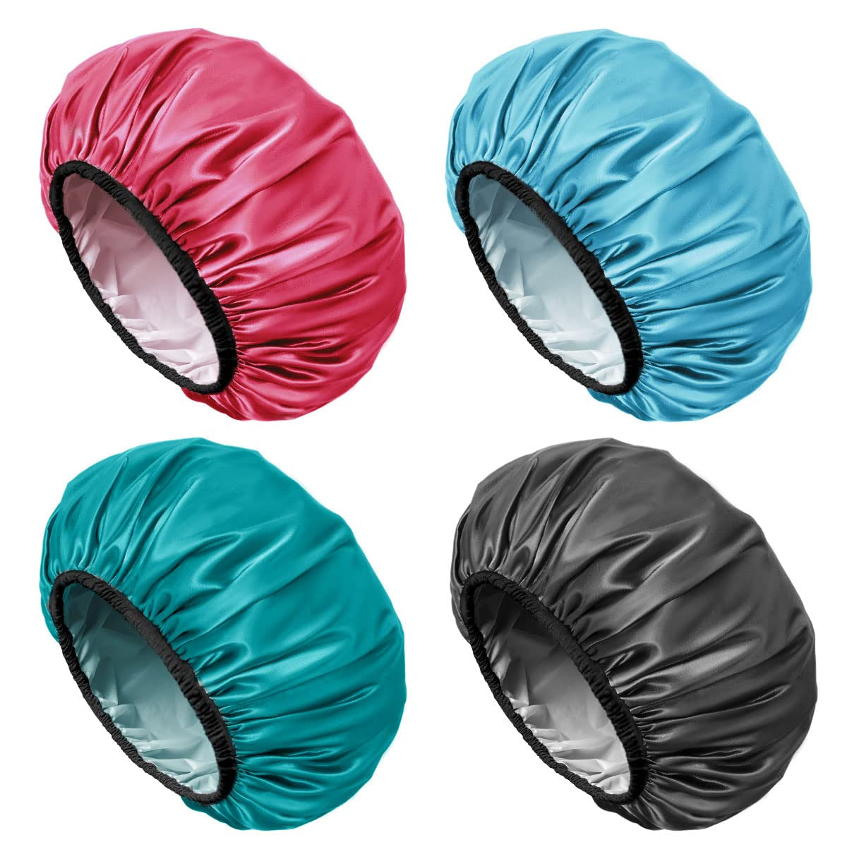 Aquior Shower Cap,4-Pack Large Shower Caps for Women Long Hair, Premium Soft Silky Satin Reusable Hair Cap for All Hair Lengths and Big Hairstyles