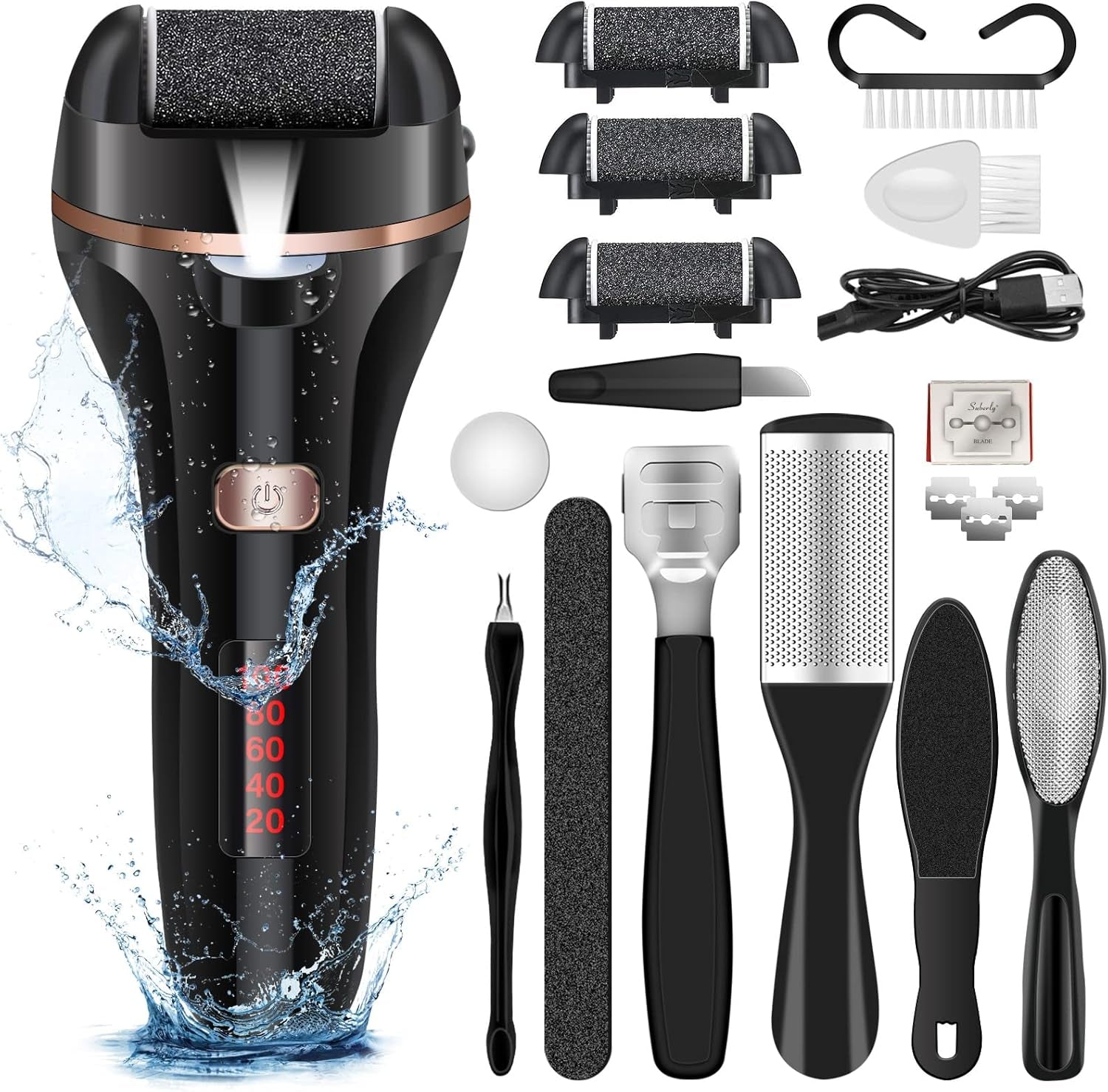 Electric Foot File Callus Remover, Rechargeable Pedicure Tools Foot Care Kit, Callus Remover for Feet with 3 Roller Heads,2 Speed, Display for Remove Cracked Heels Calluses and Hard Skin