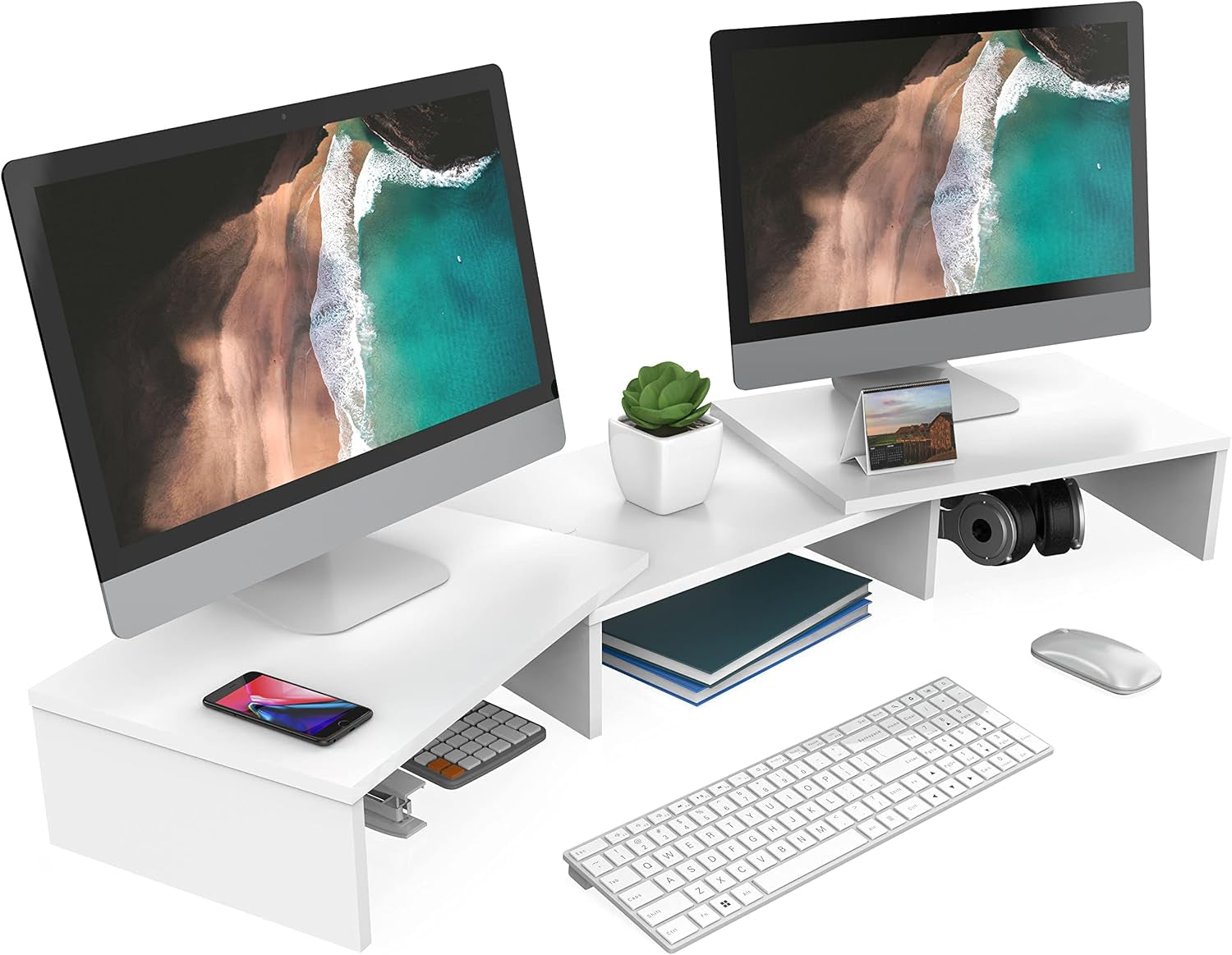 FITUEYES Dual Monitor Stand – 3 Shelf Computer Monitor Riser, Wood Desktop Stand with Adjustable Length and Angle, Desk Accessories, Office Supplies Medium Black,Dt108001Wb