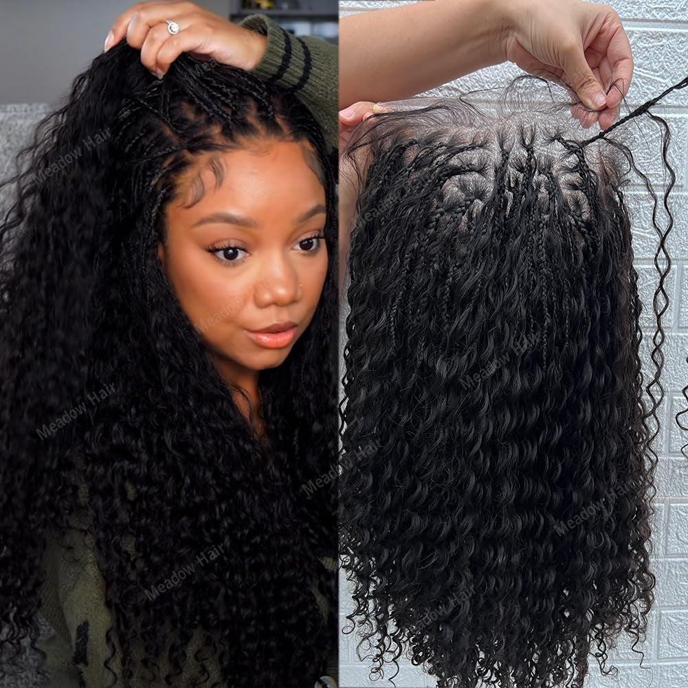 Boho Box Braids Wig Brazilian Virgin Full Lace Human Hair Wigs Transparent Lace Glueless Square Parted Boho Braided Wigs Human Hair Knotless Pre Plucked Glueless for Black Women 24Inch