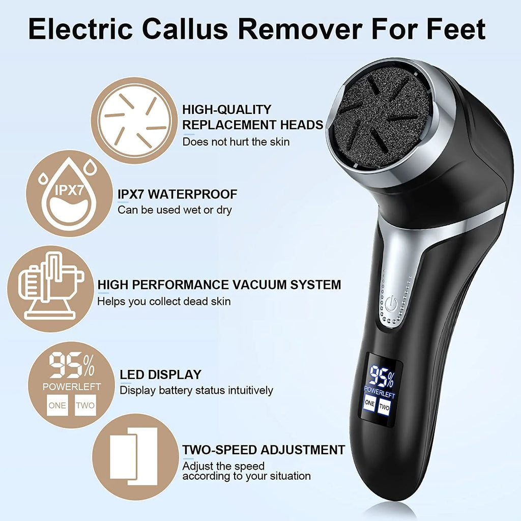 Prociv Electric Foot Callus Remover with Vacuum Cleaner, Rechargeable Foot File Dead Skin Remover with 2 Speed, 3 Grinding Head, LCD Display, Professional Kit for Foot Care Black