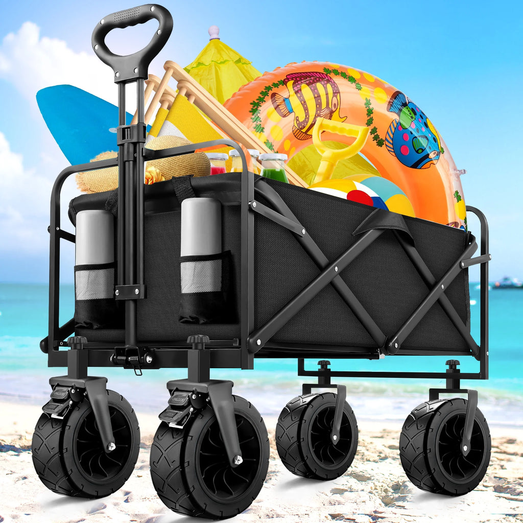 Qunler 560Lbs Collapsible Folding Wagon, Big Bucket Beach Cart, Heavy Duty Large Capacity Garden Wagon with Multi-Terrain Brake Wheels for Outdoor Camping, Shopping, Sports, Grocery, Kids, Black