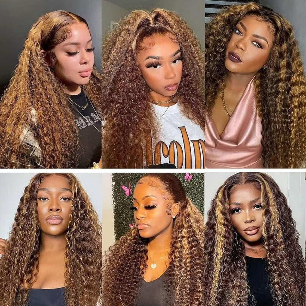 Curly Human Hair Wig Highlight P4/30 Lace Frontal Closure Deep Wave Human Hair Wig Pre Plucked Pre Cut Lace Frontal Closure Closure Glueless Wigs Elastic Band 200% Density, 18 Inch