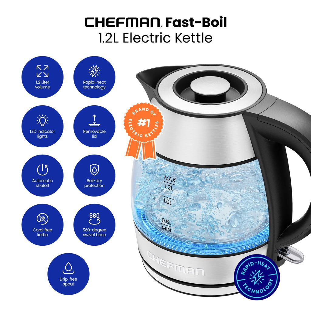 Chefman Rapid Boil 1.2L Electric Tea Kettle with Removable Lid - Stainless Steel