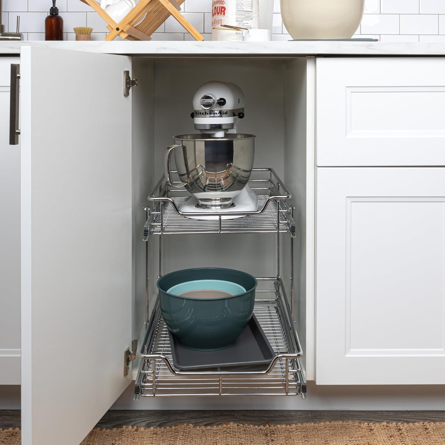 Household Essentials Glidez Multipurpose Chrome-Plated Steel Pull-Out/Slide-Out Basket Storage Organizer for under Cabinet Use - 2-Tier Design - Fits Standard Size Cabinet or Shelf, Chrome