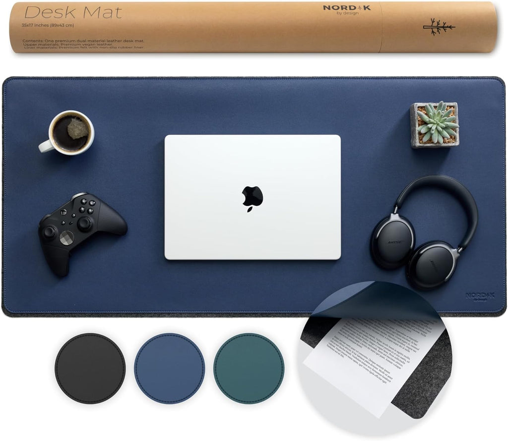 Nordik Leather Desk Mat - Whiskey Brown - Cable Organizer - Premium Mouse Mat & Desk Pad Protector - 35 X 17 Inch - Felt Vegan Leather - Large Office Mouse Pad & Blotter