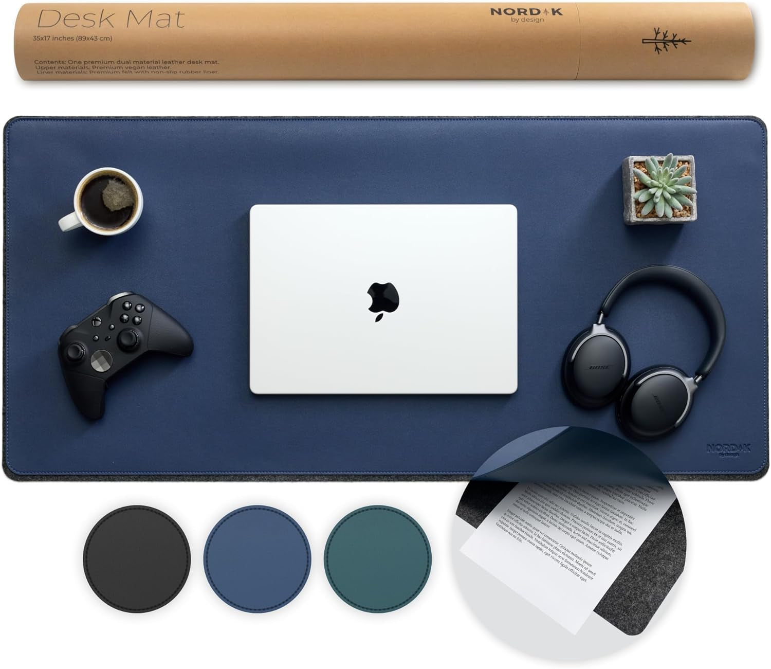 Nordik Leather Desk Mat - Whiskey Brown - Cable Organizer - Premium Mouse Mat & Desk Pad Protector - 35 X 17 Inch - Felt Vegan Leather - Large Office Mouse Pad & Blotter