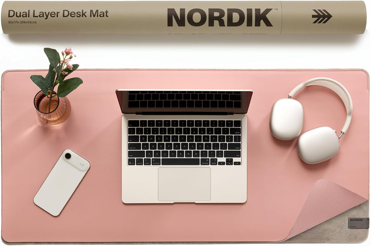 Nordik Leather Desk Mat - Whiskey Brown - Cable Organizer - Premium Mouse Mat & Desk Pad Protector - 35 X 17 Inch - Felt Vegan Leather - Large Office Mouse Pad & Blotter