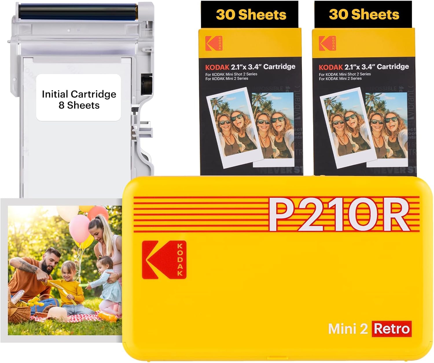 KODAK Mini 2 Retro 4PASS Portable Photo Printer (2.1X3.4 Inches) + 8 Sheets, White