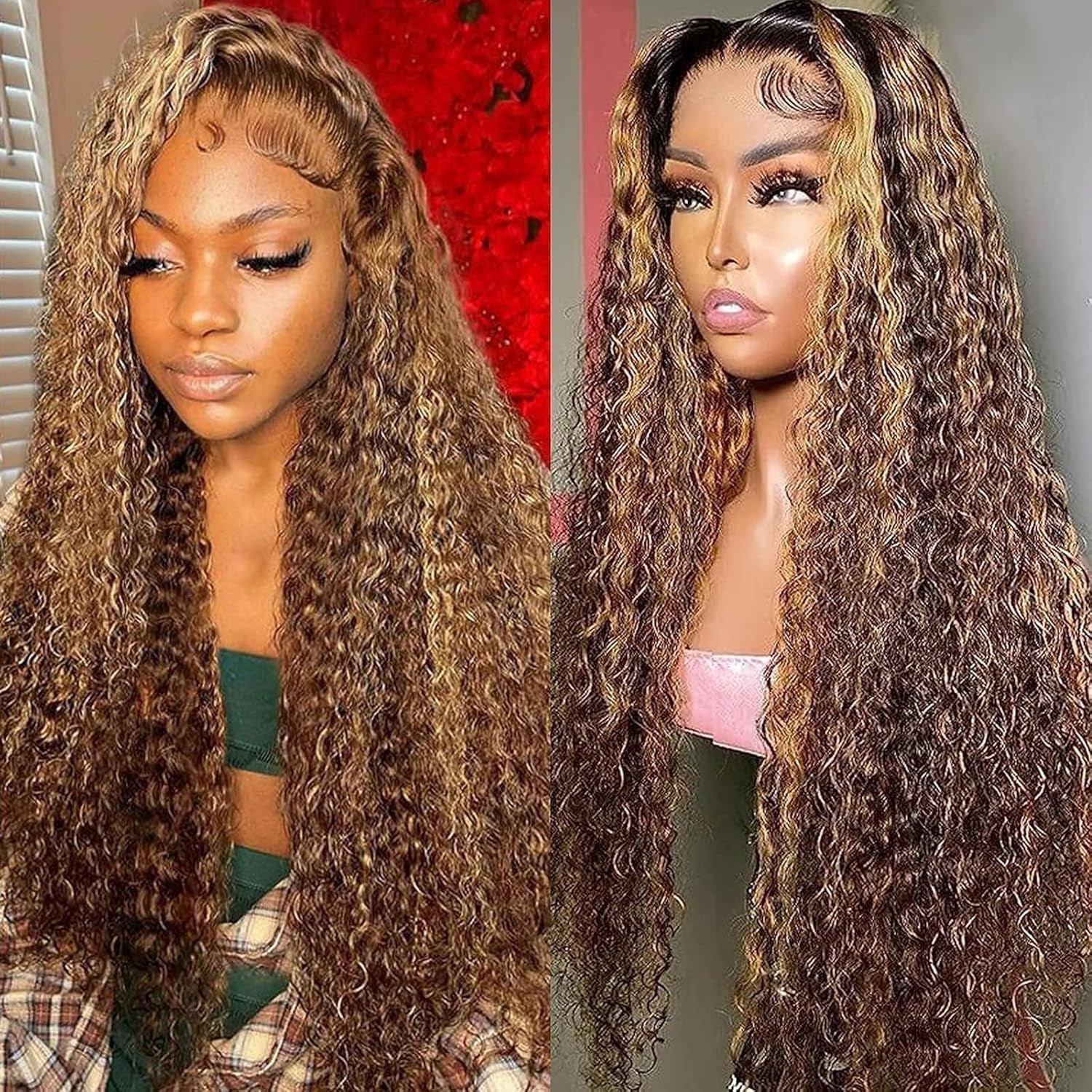 Curly Human Hair Wig Highlight P4/30 Lace Frontal Closure Deep Wave Human Hair Wig Pre Plucked Pre Cut Lace Frontal Closure Closure Glueless Wigs Elastic Band 200% Density, 18 Inch