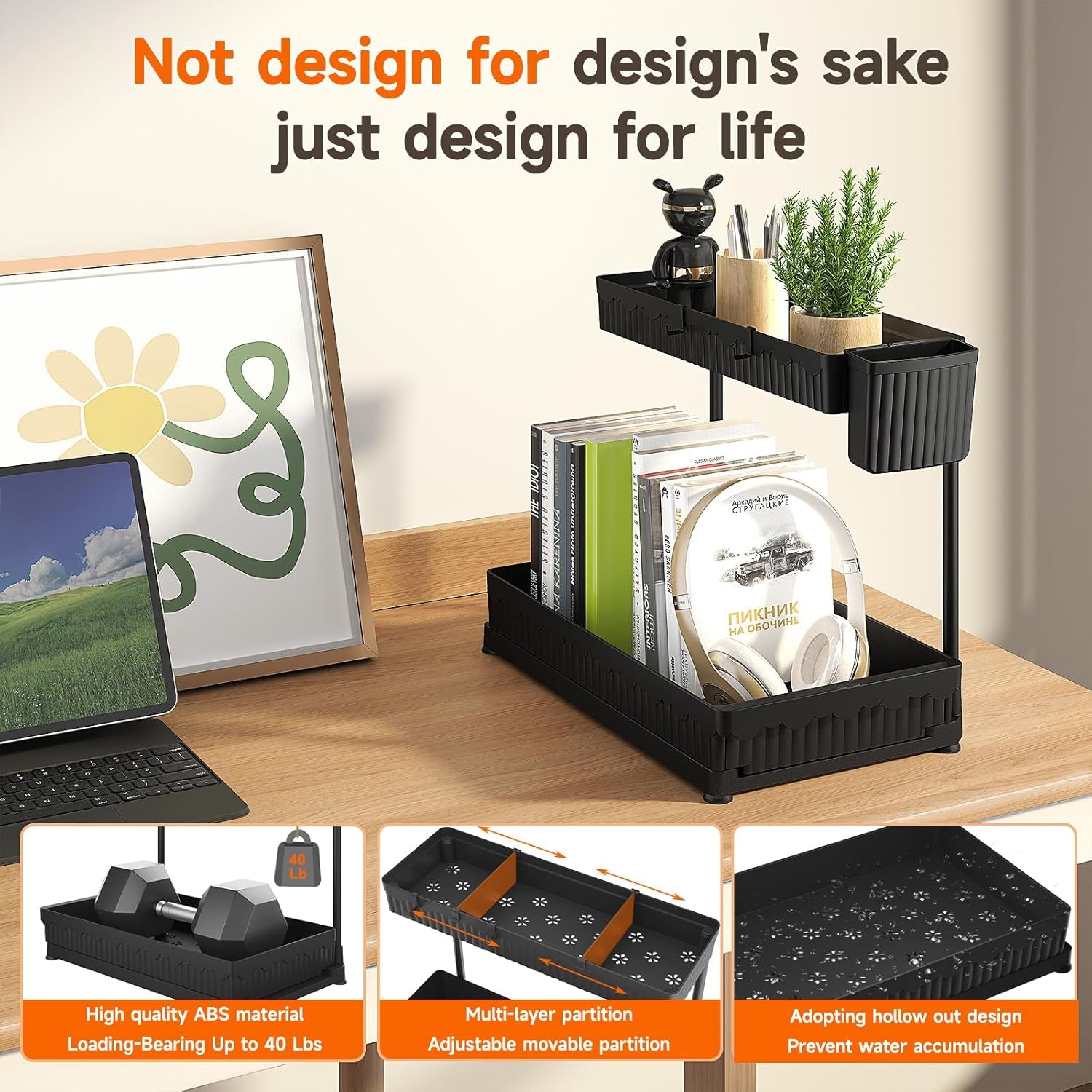 3 Pack Multi-Purpose under Sink Organizers and Storage, 2025 L-Shaped Pull Out Cabinet Organizer for Bathroom & Kitchen, under Cabinet Organizer with Hooks Hanging Cup, Black