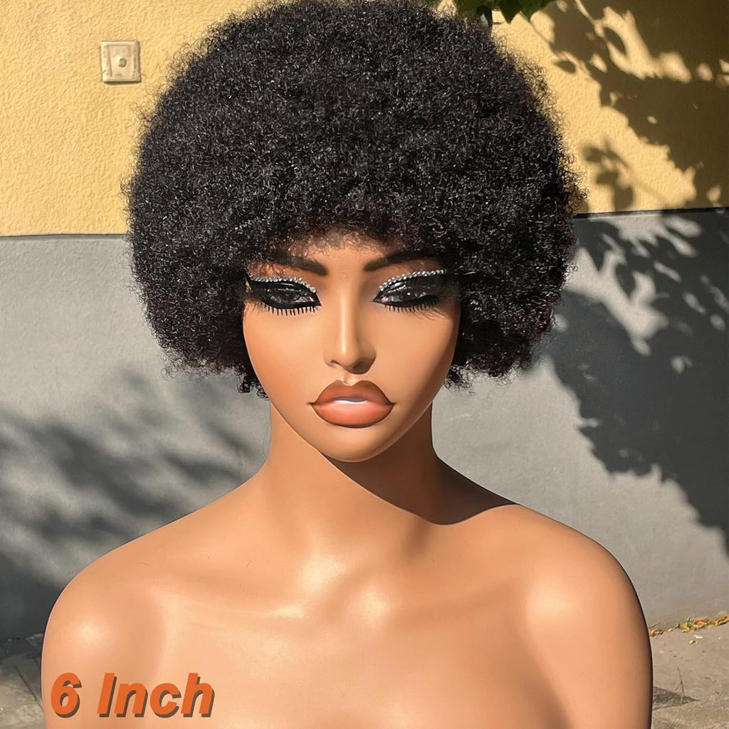 Afro Wig 70S Human Hair for Women(6 Inch) Gluless Short Afro Kinky Curly Wigs with Bangs for Black Women,200 Density Big Afro Puff Wig for Daily Use
