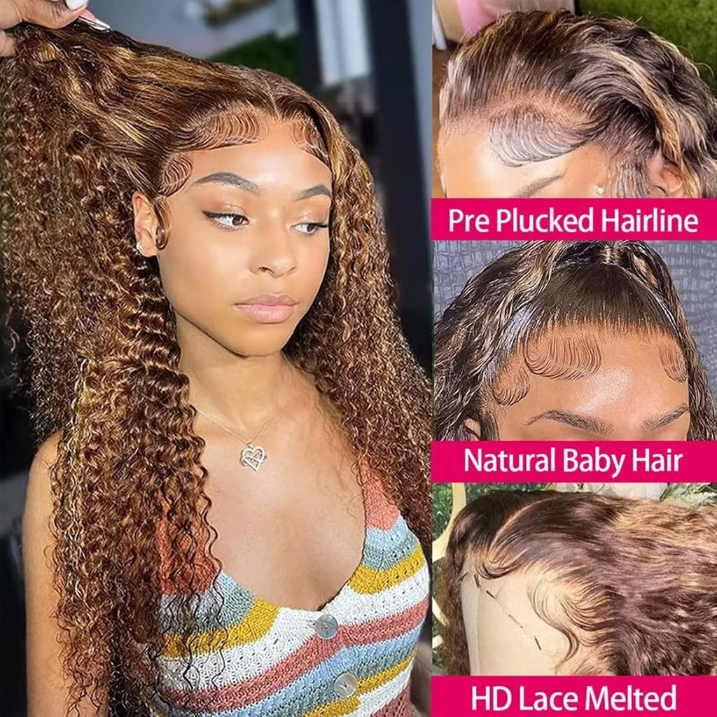 Curly Human Hair Wig Highlight P4/30 Lace Frontal Closure Deep Wave Human Hair Wig Pre Plucked Pre Cut Lace Frontal Closure Closure Glueless Wigs Elastic Band 200% Density, 18 Inch