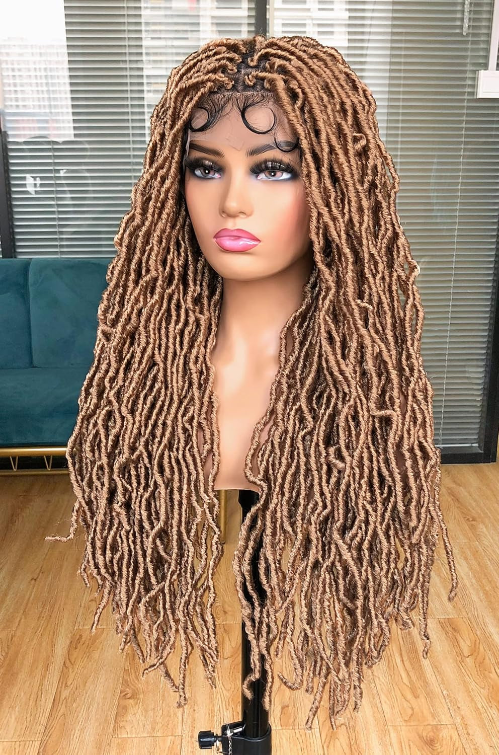 Annivia 32Inch Full Double Lace Box Braided Wigs for Black Women Faux Locs Square Knotless Wigs with Baby Hair Long Dreadlock Wig Natural Black Hand-Braided Synthetic Twist Lace Locs Wig Blonde