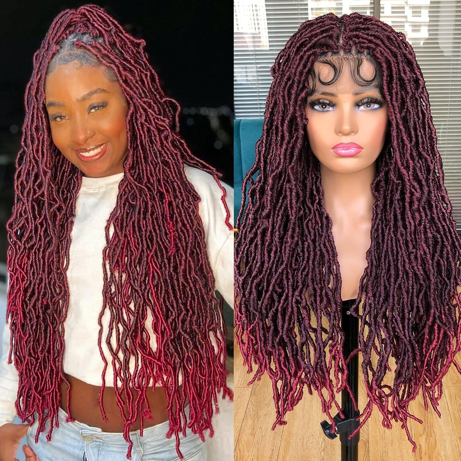 Annivia 32Inch Full Double Lace Box Braided Wigs for Black Women Faux Locs Square Knotless Wigs with Baby Hair Long Dreadlock Wig Natural Black Hand-Braided Synthetic Twist Lace Locs Wig Blonde