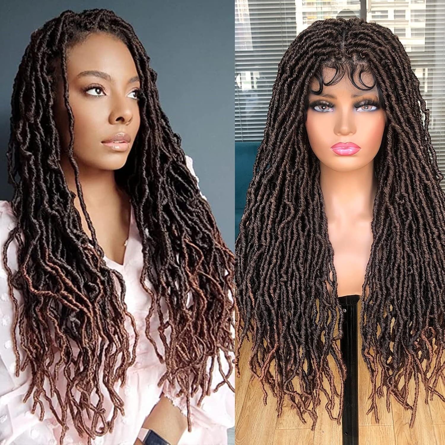 Annivia 32Inch Full Double Lace Box Braided Wigs for Black Women Faux Locs Square Knotless Wigs with Baby Hair Long Dreadlock Wig Natural Black Hand-Braided Synthetic Twist Lace Locs Wig Blonde