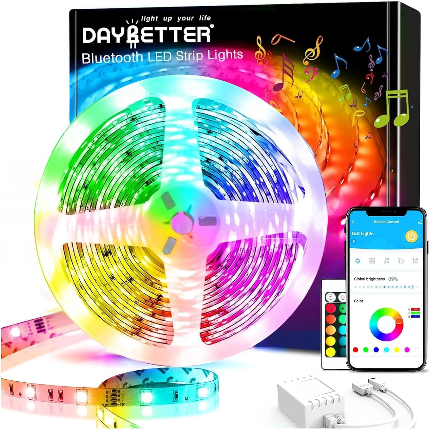 DAYBETTER BGRIC LED Lights for Bedroom, 16.4FT RGB LED Lights with Bluetooth APP & Remote Control 24V 5050 Color Changing LED Strip Lights Music Sync for Room Home Party Wall Indoor Decor