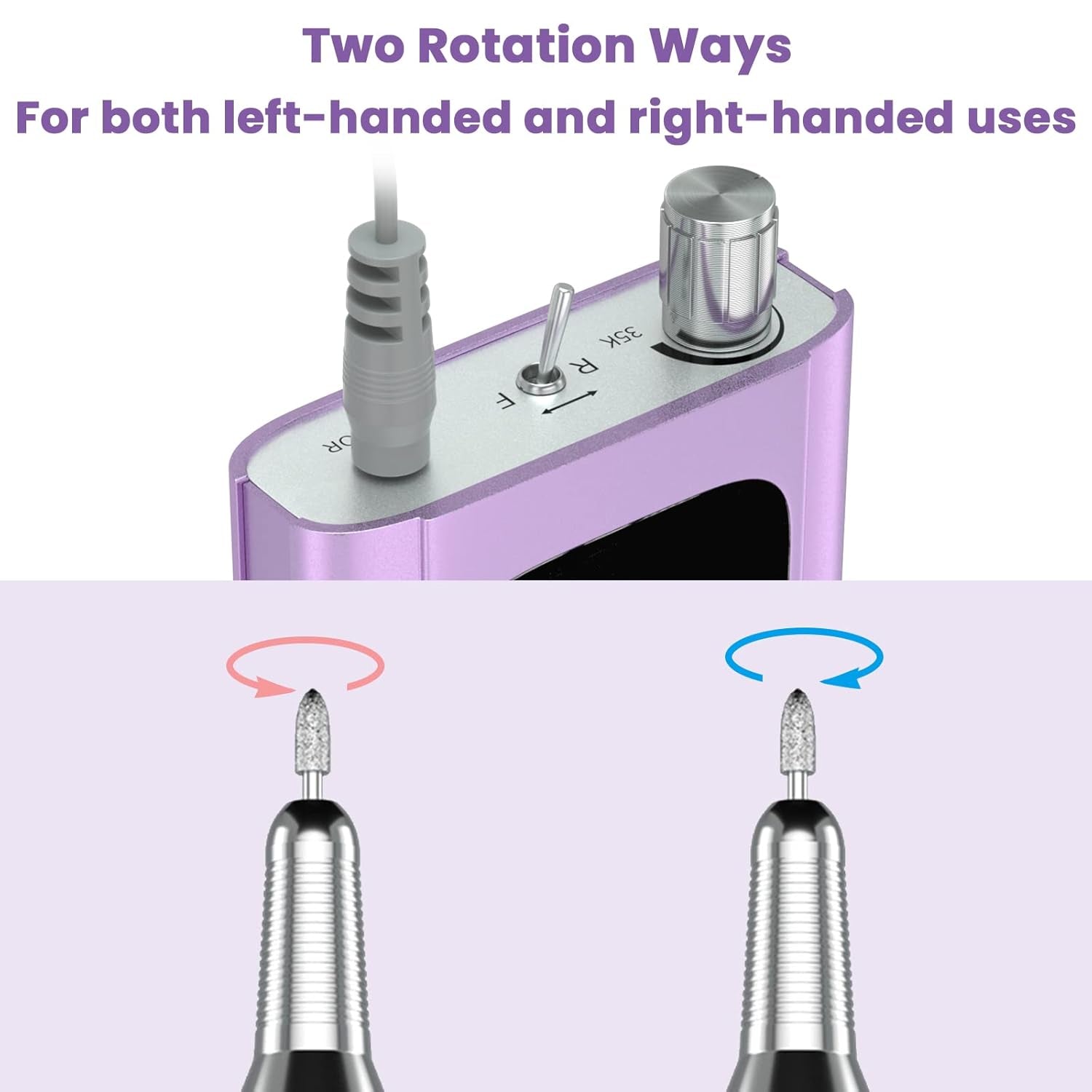 Delanie Professional Nail Drill High Torque 35000 RPM Rechargeable Portable Electric Nail File Filer for Acrylic Gel with Cuticle Bits, Salon Manicure Tool, Purple