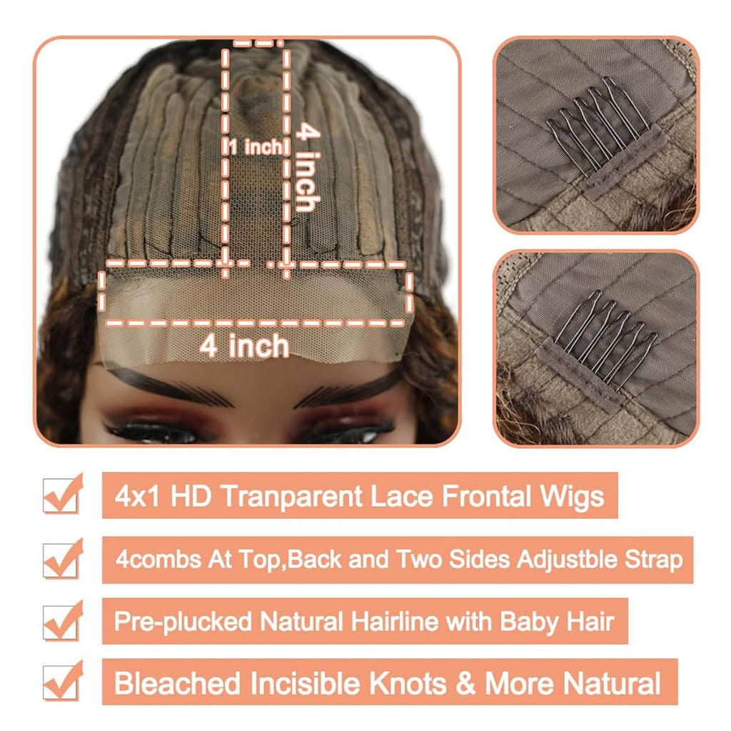 Curly Human Hair Wig Highlight P4/30 Lace Frontal Closure Deep Wave Human Hair Wig Pre Plucked Pre Cut Lace Frontal Closure Closure Glueless Wigs Elastic Band 200% Density, 18 Inch