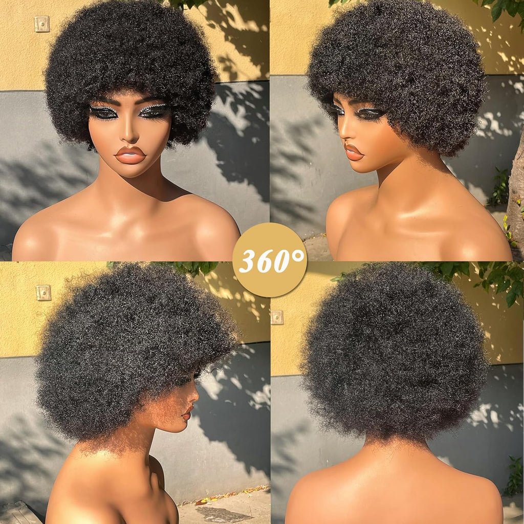 Afro Wig 70S Human Hair for Women(6 Inch) Gluless Short Afro Kinky Curly Wigs with Bangs for Black Women,200 Density Big Afro Puff Wig for Daily Use