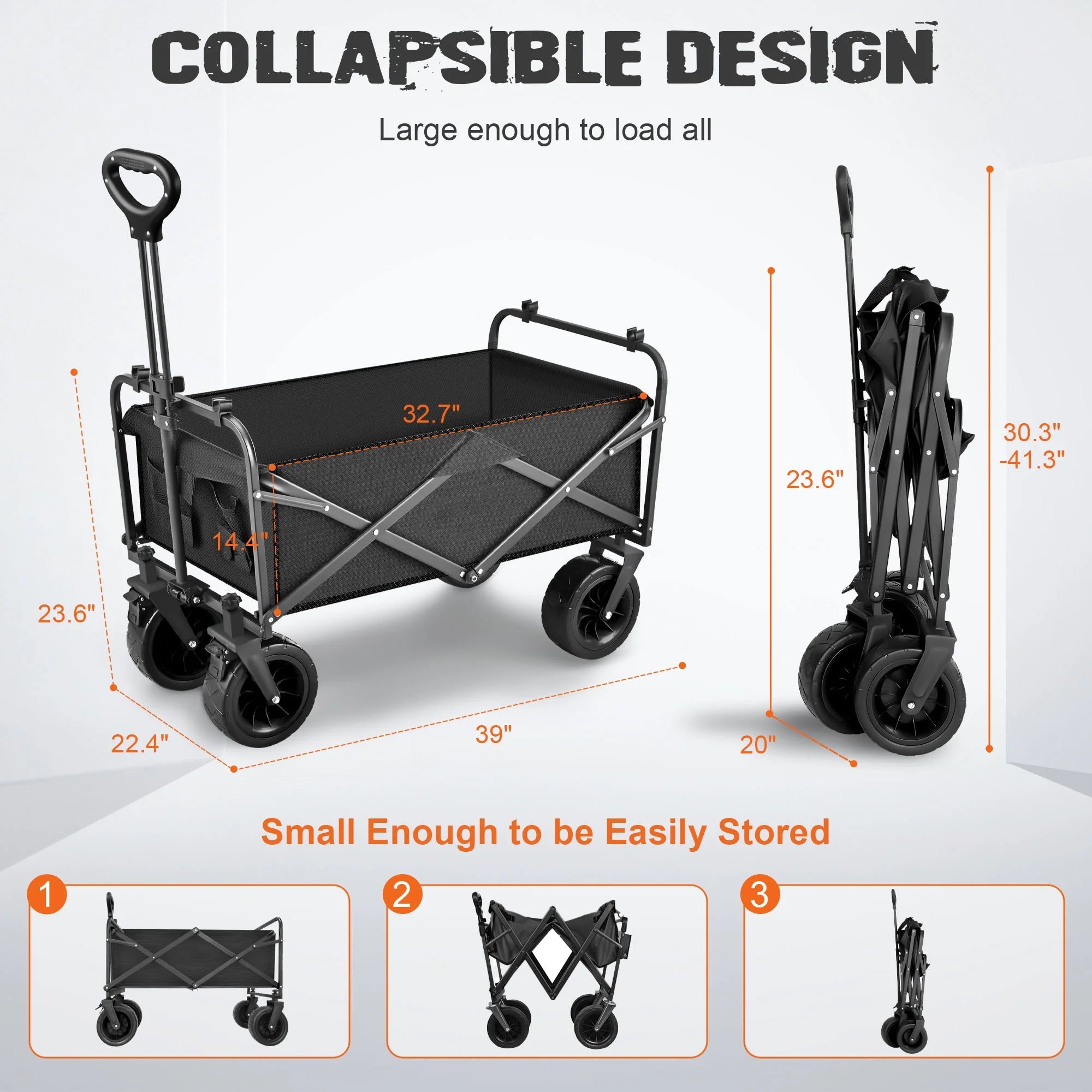 Qunler 560Lbs Collapsible Folding Wagon, Big Bucket Beach Cart, Heavy Duty Large Capacity Garden Wagon with Multi-Terrain Brake Wheels for Outdoor Camping, Shopping, Sports, Grocery, Kids, Black