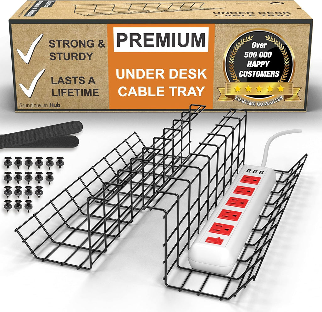Under Desk Cable Tray, Cord Organizer for Wire, Cord Management, under Desk, Wire Holders - Black Tray - Set of 4X 17