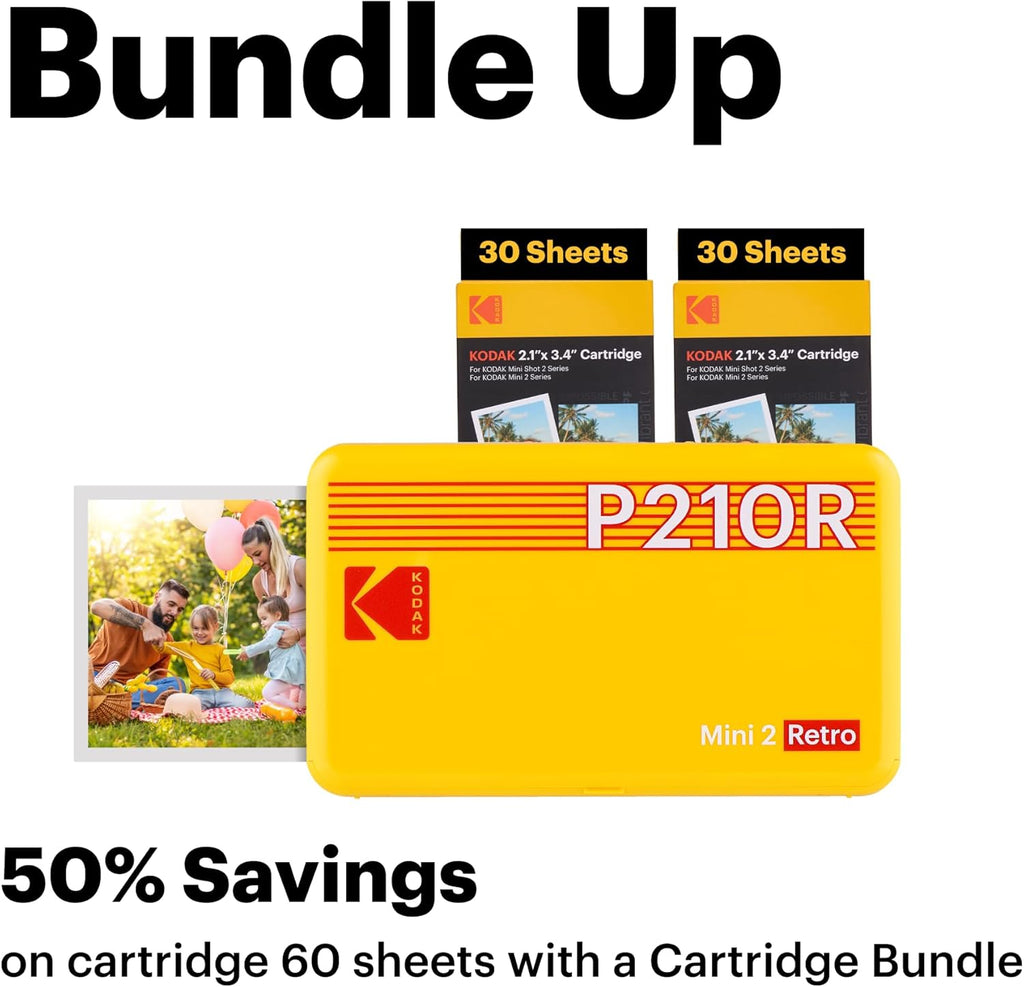 KODAK Mini 2 Retro 4PASS Portable Photo Printer (2.1X3.4 Inches) + 8 Sheets, White