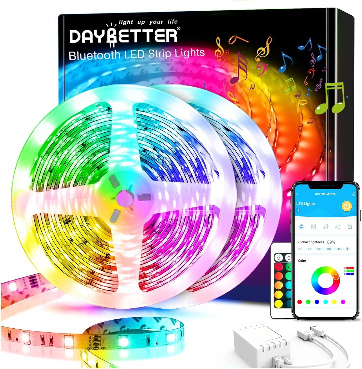 DAYBETTER BGRIC LED Lights for Bedroom, 16.4FT RGB LED Lights with Bluetooth APP & Remote Control 24V 5050 Color Changing LED Strip Lights Music Sync for Room Home Party Wall Indoor Decor
