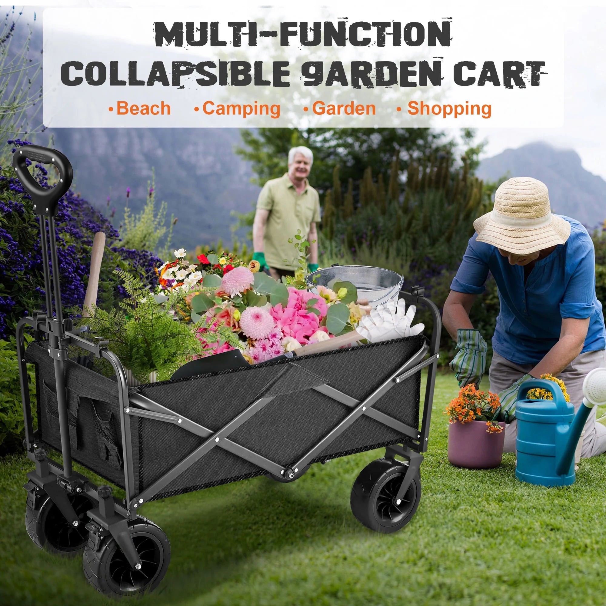 Qunler 560Lbs Collapsible Folding Wagon, Big Bucket Beach Cart, Heavy Duty Large Capacity Garden Wagon with Multi-Terrain Brake Wheels for Outdoor Camping, Shopping, Sports, Grocery, Kids, Black