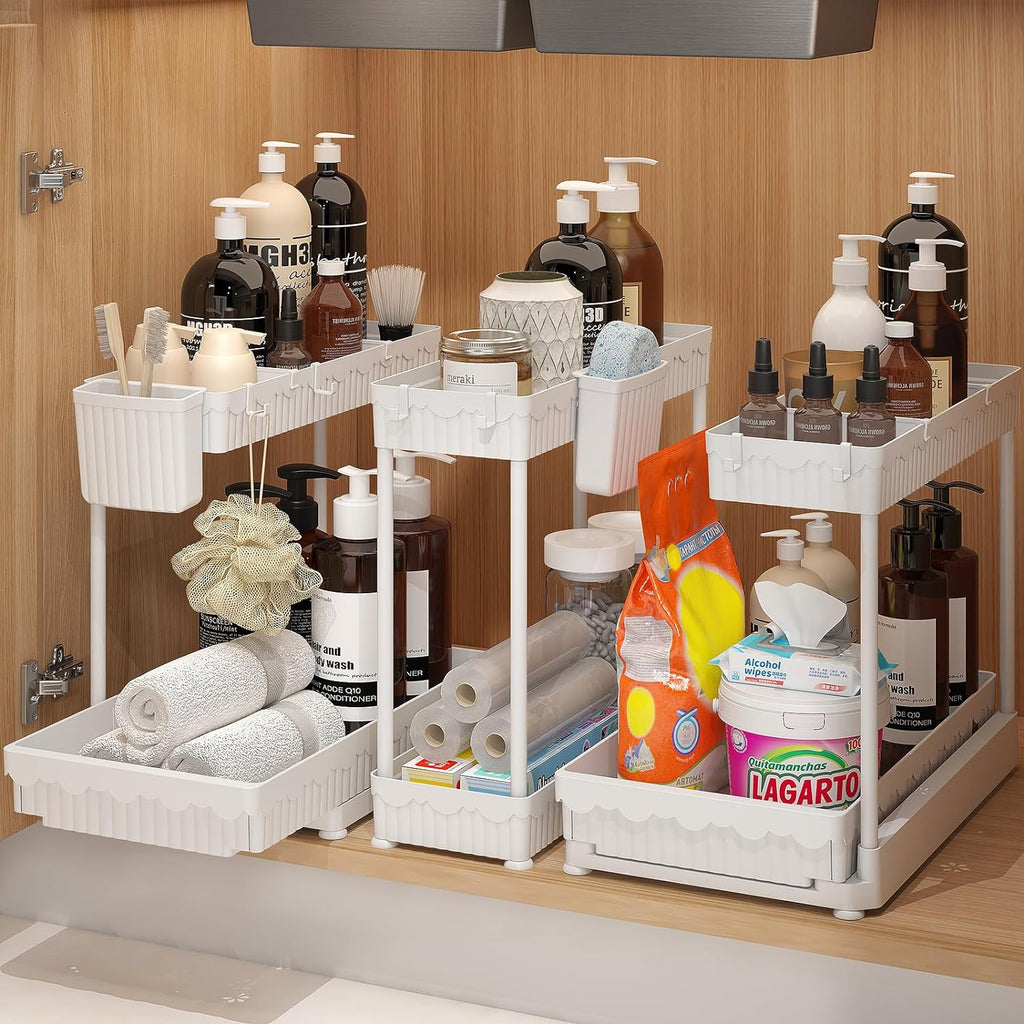 3 Pack Multi-Purpose under Sink Organizers and Storage, 2025 L-Shaped Pull Out Cabinet Organizer for Bathroom & Kitchen, under Cabinet Organizer with Hooks Hanging Cup, Black