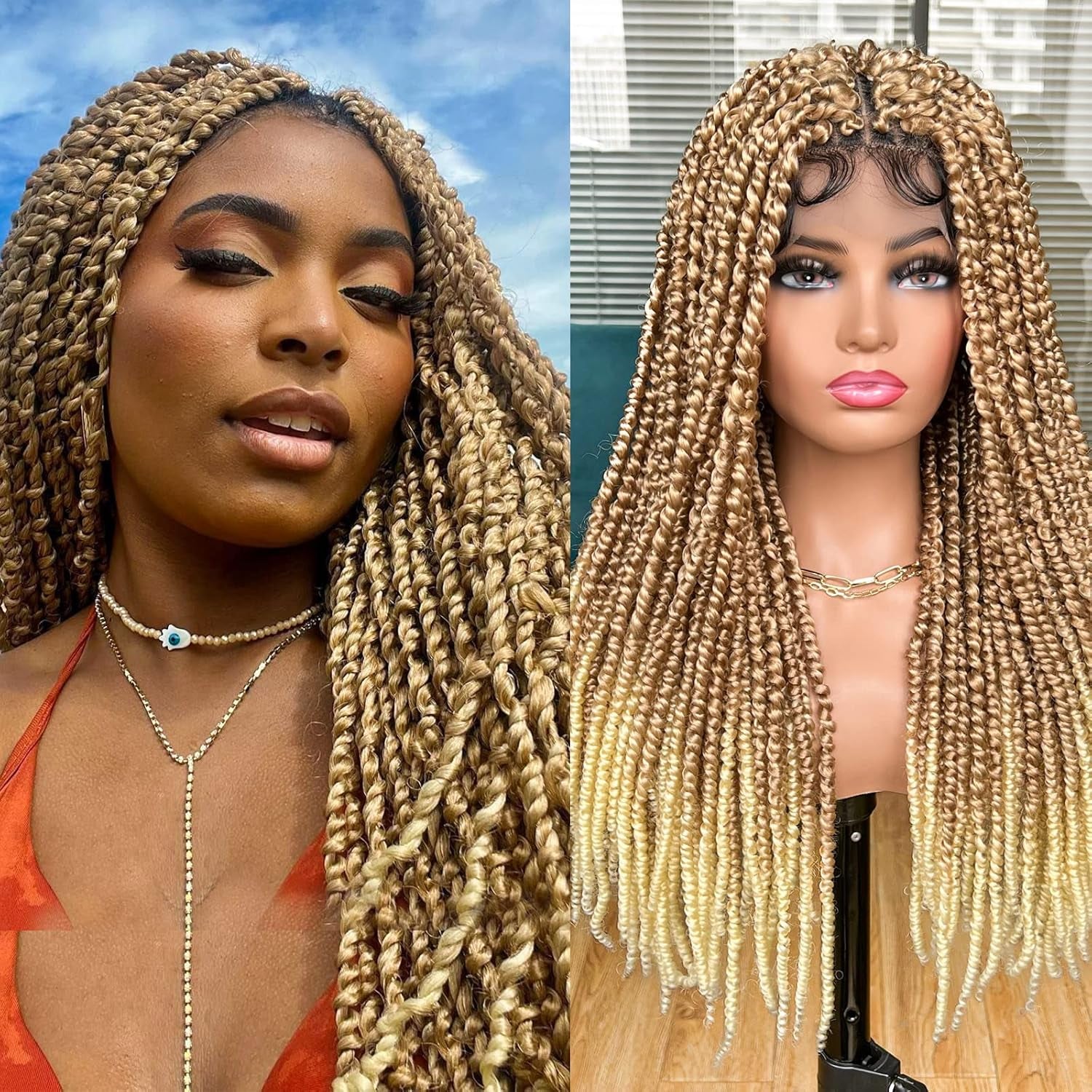 Annivia Passion Twist Braided Wigs for Black Women Full Lace Knotless Braided Wigs with Baby Hair Passion Twist Water Wave Crochet Hair Premium Synthetic Lace Faux Locs Braiding Wig(27/613 24Inch)