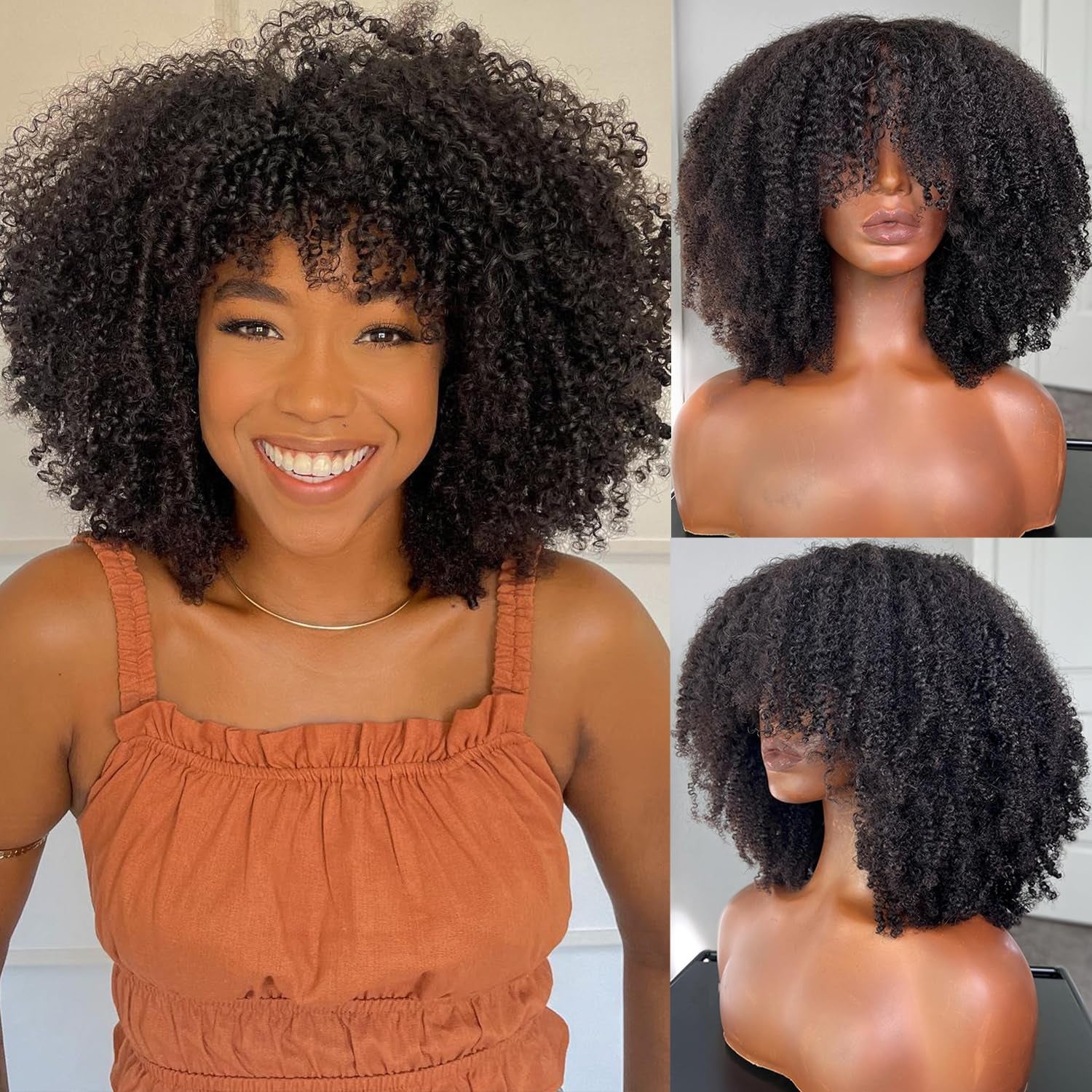 Afro Wig 70S Human Hair for Women(6 Inch) Gluless Short Afro Kinky Curly Wigs with Bangs for Black Women,200 Density Big Afro Puff Wig for Daily Use