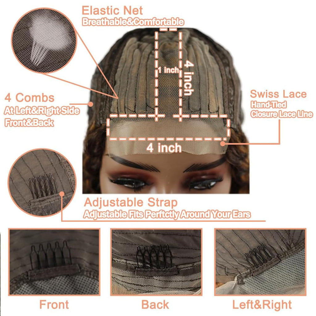 Curly Human Hair Wig Highlight P4/30 Lace Frontal Closure Deep Wave Human Hair Wig Pre Plucked Pre Cut Lace Frontal Closure Closure Glueless Wigs Elastic Band 200% Density, 18 Inch