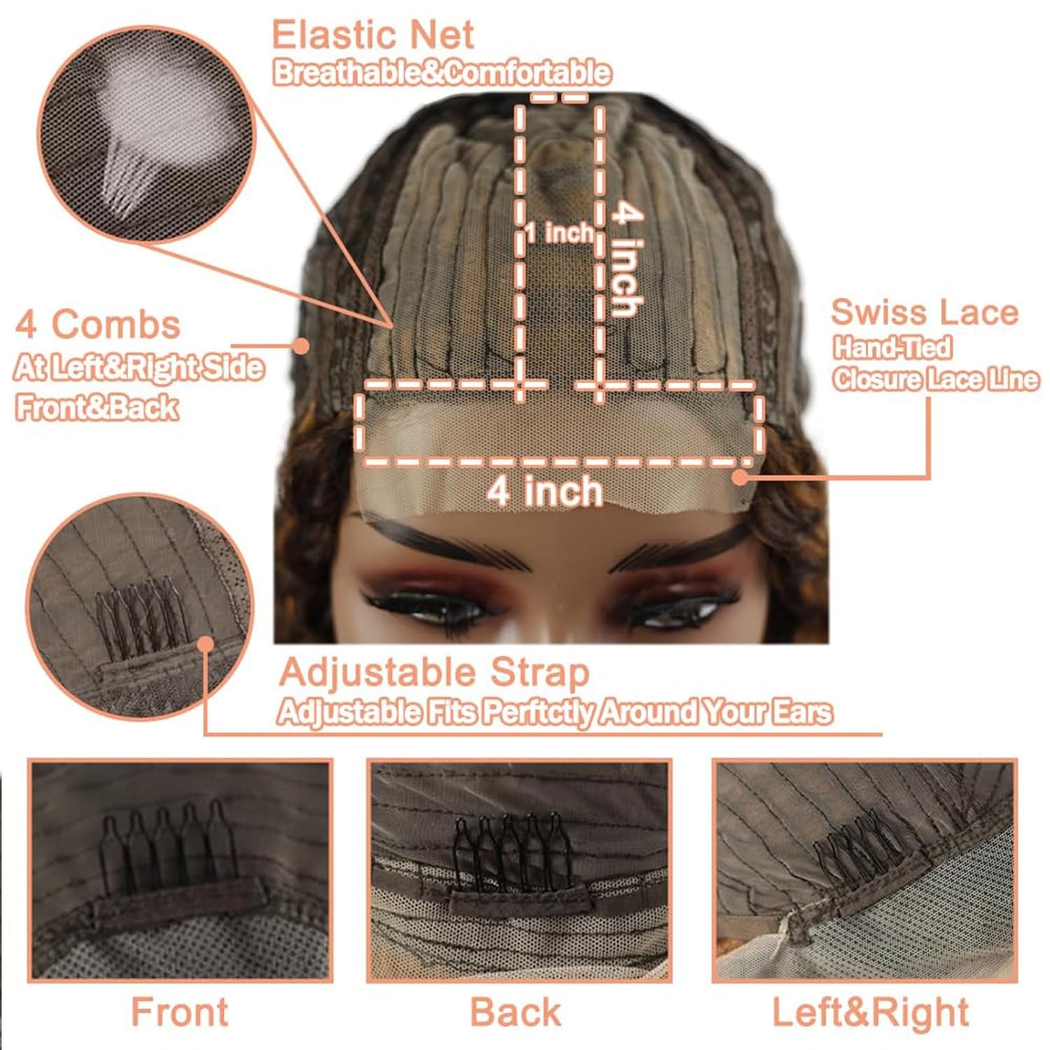 Curly Human Hair Wig Highlight P4/30 Lace Frontal Closure Deep Wave Human Hair Wig Pre Plucked Pre Cut Lace Frontal Closure Closure Glueless Wigs Elastic Band 200% Density, 18 Inch